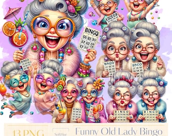 Funny Old Lady Bingo Clipart Bundle | 13 PNG Files | Crazy Granny Cocktail Party Sublimation | Quirky Senior Clip Art for POD