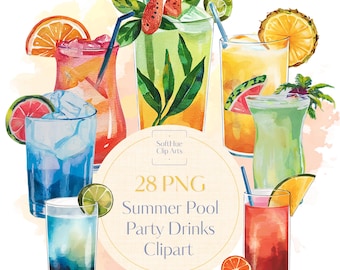 May include: A set of 28 watercolor illustrations of summer pool party drinks. The illustrations include various cocktails, juices, and sodas in glasses with colorful garnishes like fruit slices, lime wedges, and pineapple. The illustrations are perfect for creating invitations, party decorations, or social media graphics.
