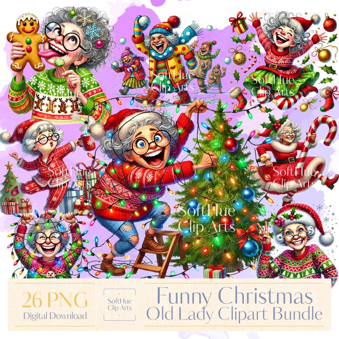 Funny Watercolor Old Lady Clipart Bundle, Whimsical Grandma Holiday ...