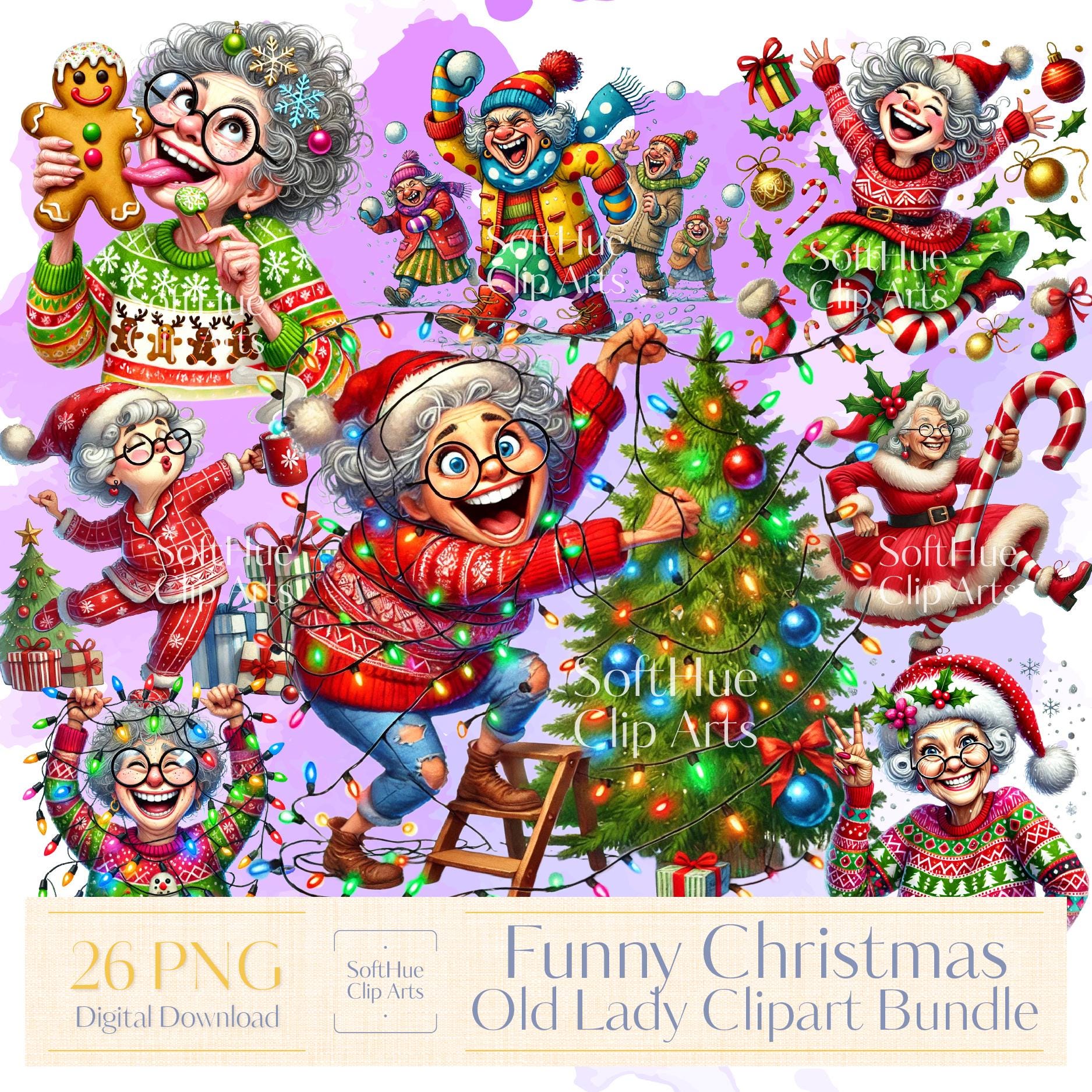 Funny Watercolor Old Lady Clipart Bundle, Whimsical Grandma Holiday ...