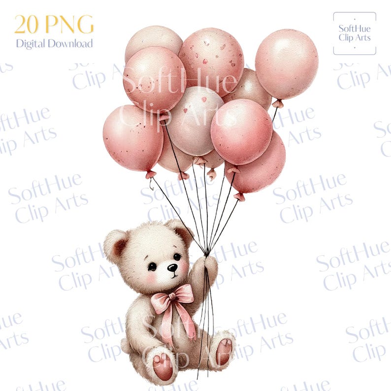 Pink Teddy Bear Clipart With Balloons | Watercolor Baby Girl PNG Bundle ...