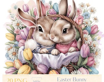 Easter Bunny Clipart Bundle, 20 Watercolor PNG, Spring Rabbit Art, Floral Bunny Sublimation, Cute Vintage Bunny Digital Art