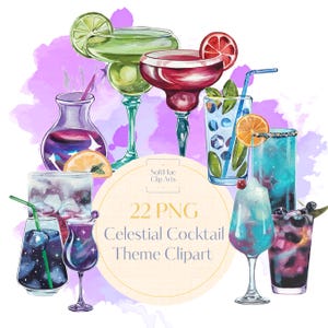 Könnte beinhalten: Ein Set mit 22 Clipart-Bildern zum Thema himmlische Cocktails. Die Bilder zeigen verschiedene Cocktails in Gläsern mit einem Galaxie-Thema. Die Cocktails sind in verschiedenen Farben, darunter Blau, Lila, Grün und Rot. Die Bilder sind perfekt zum Erstellen von Einladungen, Partydekorationen oder anderen Bastelprojekten.