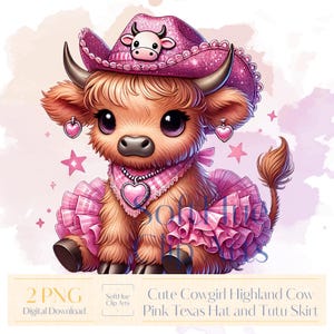 Jolie vache Highland vache PNG, chapeau Texas rose & jupe tutu vache Clipart, sublimation western bébé fille country, lot pour chemise et tasse