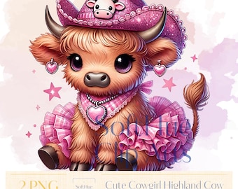 May include: Cute Highland cow wearing a pink cowboy hat and a pink tutu skirt with a heart-shaped pendant. The cow has large eyes and is sitting on a white background with pink watercolor accents.