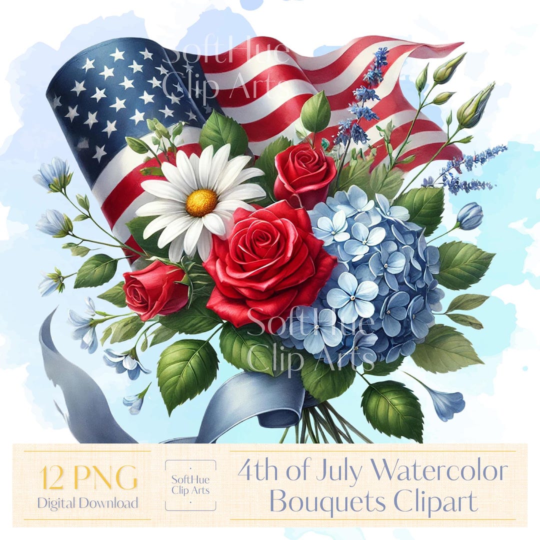 12 Patriotic PNG Clipart, 4th of July Watercolor Bouquets, Independence ...