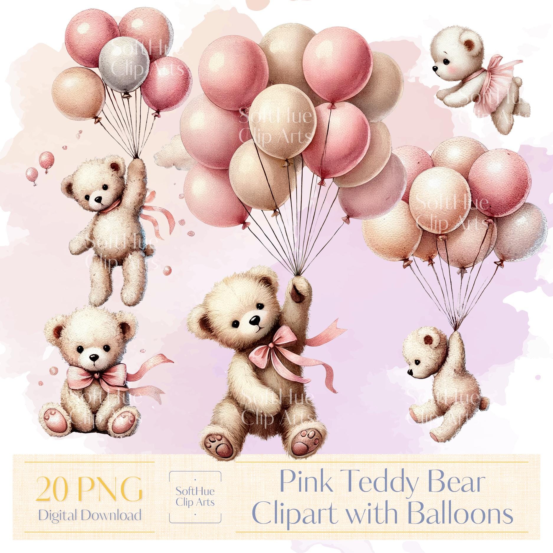 Pink Teddy Bear Clipart With Balloons | Watercolor Baby Girl PNG Bundle ...