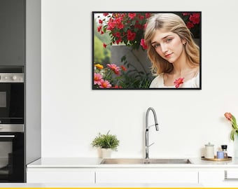 European Oil Painting, Woman in Flowers, Elegant Baroque Wall Art PNG