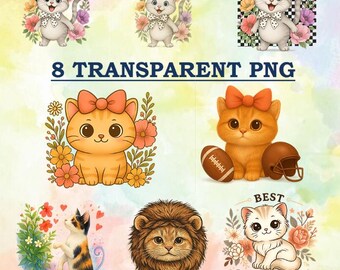 Cat PNG Clipart Bundle, Kitten Prints, Trendy Art (8 Files)