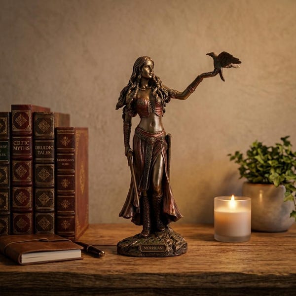 Standbeeld Keltische godin Morrigan - godin van de oorlog met kraai en zwaard - bronzen altaardecor - beeldje heidense en Wicca godin