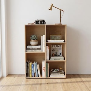 Modern Oak Wood Bookshelf, Minimalist 5-Cube Storage Organizer for Living Room & Office, Scandi Style Small Bookcase Display Shelf