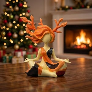 Puede incluir: Una estatuilla estilizada de una figura sentada en pose de meditación con las piernas cruzadas y las manos sobre las rodillas. La figura tiene cabello naranja fluido que se transforma en astas ramificadas y viste una prenda con paneles naranjas y negros.