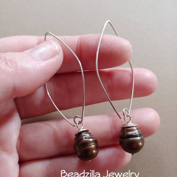 chocolate pearl baroque style earrings long dangle drops "daisy petal" Wire-Wrapped with Sterling Silver -- handmade by Beadzilla Jewelry