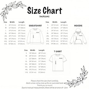 Pode incluir: Uma tabela de tamanhos para camisolas, hoodies e t-shirts, com medidas em polegadas e cent&iacute;metros. A tabela inclui tamanho, largura e comprimento para cada pe&ccedil;a de roupa, de S a 5XL. O texto na tabela diz: "Por favor, verifique a tabela de tamanhos com aten&ccedil;&atilde;o."