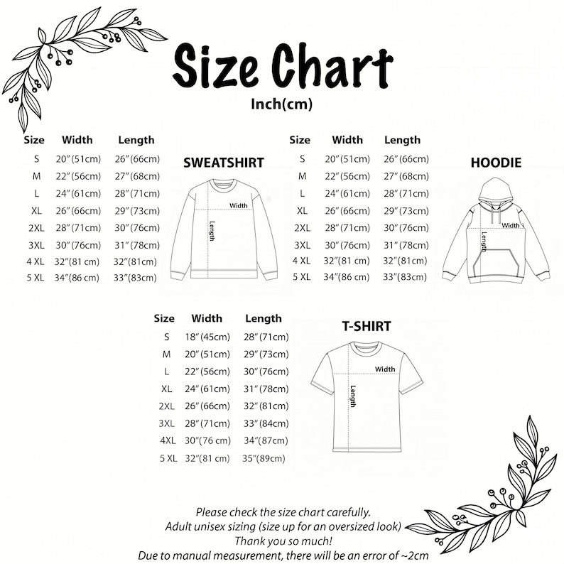 Pode incluir: Uma tabela de tamanhos para camisolas, hoodies e t-shirts, com medidas em polegadas e cent&iacute;metros. A tabela inclui tamanho, largura e comprimento para cada pe&ccedil;a de roupa, de S a 5XL. O texto na tabela diz: "Por favor, verifique a tabela de tamanhos com aten&ccedil;&atilde;o."