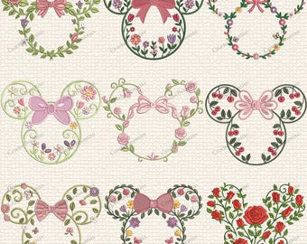 花柄ミッキー刺繍デザイン：春の花のリース（デジタルダウンロード