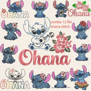 Könnte beinhalten: Eine Sammlung von blauen Cartoon-Charakter-Designs mit großen Ohren und floralen Akzenten. Das Wort "Ohana" wird in verschiedenen Stilen zusammen mit Hibiskusblüten und dem Text "combo 12 file ohana stitch" angezeigt.