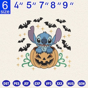 Halloween Stitch Embroidery Design, Pumpkin Bat Stitch Machine Embroidery File, Cute Halloween Embroidery Pattern, 6 Size.