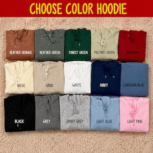 Pode incluir: Uma sele&ccedil;&atilde;o de hoodies em v&aacute;rias cores, incluindo laranja mesclado, verde floresta e rosa claro. Cada hoodie &eacute; exibido dobrado, com o nome da cor impresso abaixo. O texto "CHOOSE COLOR HOODIE" est&aacute; no topo.