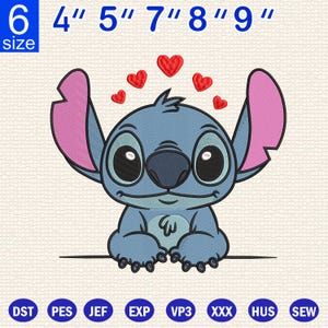 Stitch & heart Embroidery Design, Cute Alien Embroidery, Cartoon Embroidery Pattern, Instant Download, Digital Embroidery File
