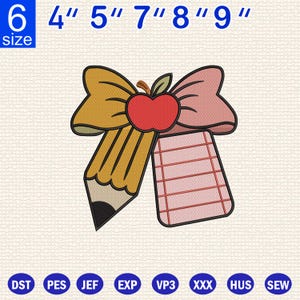 Back to School Bow Embroidery Design - Teacher Bow Embroidery Design - Teacher Ribbon Embroidery File - Teacher Gift Embroidery.