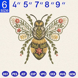 Motif de broderie Machine floral abeille, broderie florale de bourdon, motif de broderie Nature florale, téléchargement immédiat, taille 6.