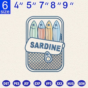 Sardines Embroidery Design, Sardine Can Embroidery Design, Sardines Embroidery File, Tinned Fish Embroidery Design, Digital Download.