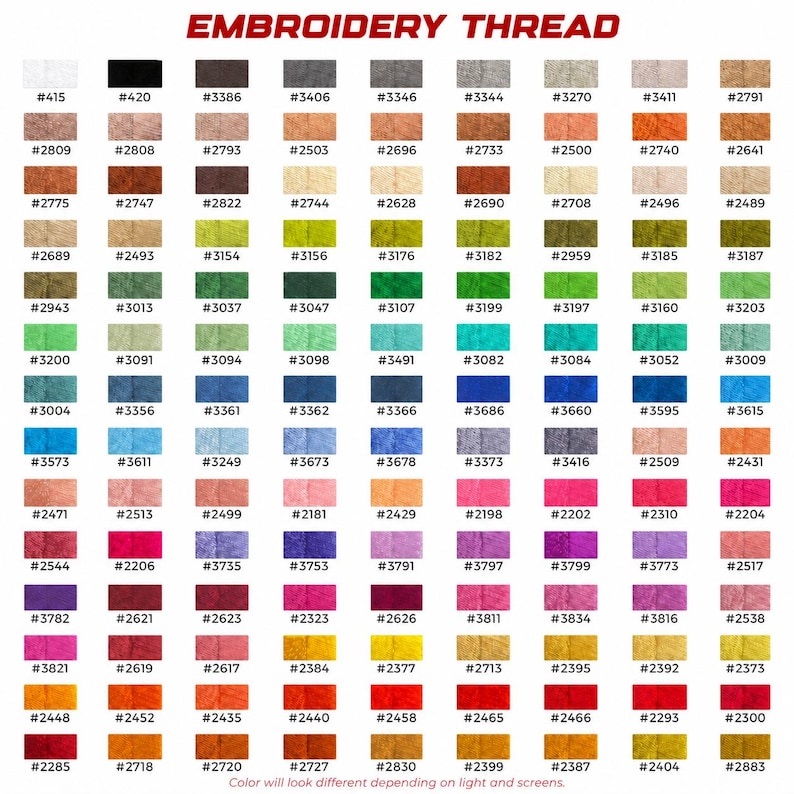 Pode incluir: Tabela de cores de linha de bordar com uma variedade de tons, incluindo tons de vermelho, azul, verde e amarelo. Cada cor &eacute; rotulada com um n&uacute;mero. O texto "EMBROIDERY THREAD" est&aacute; no topo. A cor pode variar dependendo da tela.