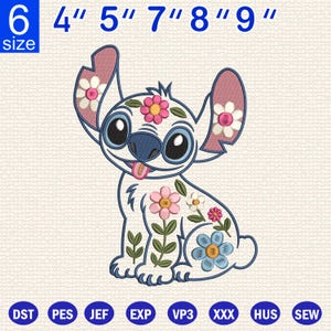 Stitch design with colorful floral motifs, Floral Stitch embroidery design, Disney embroidery style