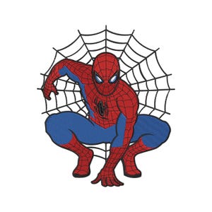 Peut inclure: Un super-héros de dessin animé rouge et bleu, Spiderman, est accroupi dans une toile. Il porte un costume rouge et bleu avec un logo d'araignée sur la poitrine.