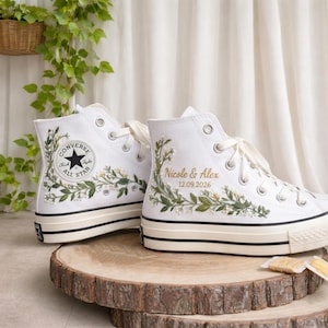 Zapatos Converse de boda bordados a medida, zapatillas de novia personalizadas con nombre y fecha, zapatos florales bordados a mano