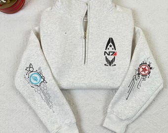 マスエフェクトN7刺繍クォータージップ、パラゴンレネゲードスウェットシャツ＆パーカー、ゲーマーシャツ、ゲームグッズ、ビデオゲームギフト