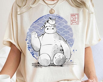 Retro Baymax Japanese Shirt • Watercolor Blue Sun • Robot & Mochi Cat • Anime Style Tee/Sweatshirt