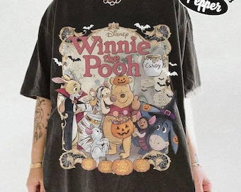 Komfortfarben Vintage Winnie The Pooh Halloween Shirt, Disney Spooky Season T-Shirt, Pooh und Freunde Süßes oder Saures, Familienausflug Shirt