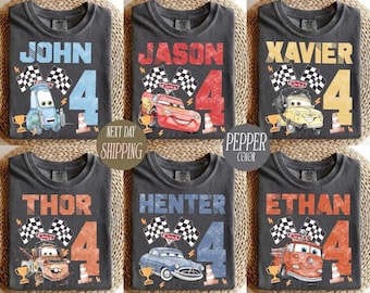 Personalized Cars Birthday Shirt Kids, Custom Name Age Toddler Boy, Lightning McQueen Tee, Pixar Cars Party Outfit, Mater Doc Hudson Shirt