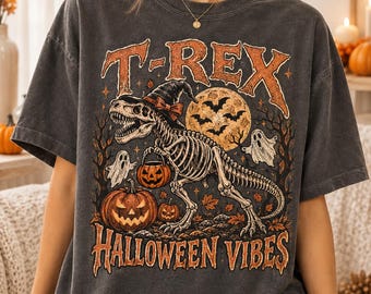 T Rex Halloween Shirt, Dinosaur Halloween Tee, Skeleton T Rex Shirt, Spooky Season Shirt, Vintage Halloween Shirt, Halloween Gift