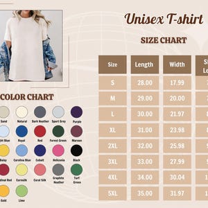 May include: Cream unisex t-shirt with a size and colour chart. The size chart shows measurements in inches for length, width, and sleeve length. The colour chart displays various colour options, including white, sand, and black.