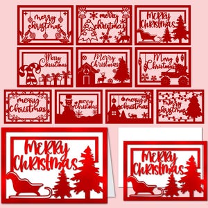 Può includere: Un set di 10 biglietti di Natale in carta rossa ritagliati con vari disegni che includono il testo "Buon Natale".