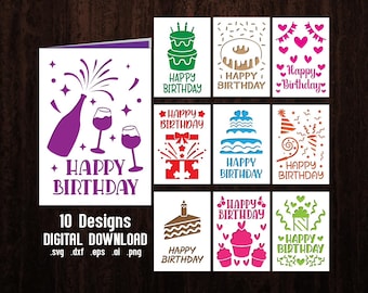 Bundel SVG-ontwerpen voor verjaardagskaarten in papierknipstijl, 10 ontwerpen (digitale download)