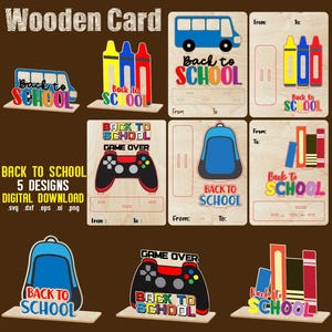 Tarjeta de madera de regreso a clases, tarjeta cortada con láser de regreso a clases, paquete de regreso a clases, tarjeta desplegable de regreso a clases, tarjeta desplegable de regreso a clases en 3D