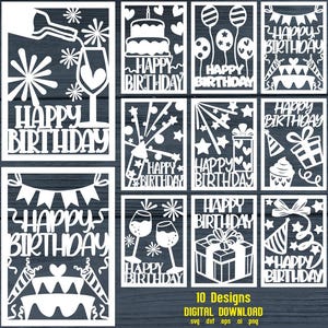 Feliz aniversário Papercut, Pacote de cartão de aniversário svg, Inserir cartão Cricut, Cartões de papel cortado svg, Cartões cortados a laser svg, Cartão de feliz aniversário svg