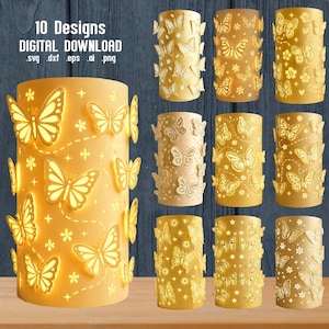 May include: A digital download set of 10 cylindrical lantern designs featuring intricate butterfly and floral cutouts. The text 10 Designs DIGITAL DOWNLOAD .svg .dxf .eps .ai .png is visible. Each lantern displays a warm yellow glow with various patterns.