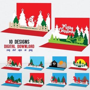 May include: A collection of ten Christmas-themed pop-up card designs. Each card features a unique laser-cut scene with festive elements like snowmen, trees, and sleighs. The cards are in red, green, and blue, with the words "Merry Christmas" on some.