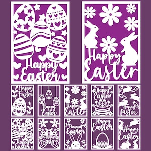 May include: A selection of white laser-cut Easter designs on a purple backdrop. The designs feature Easter eggs, bunnies, flowers, and the text "Happy Easter". Ideal for crafts and decorations.