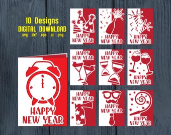 10 Happy New Year Card Papercut, Happy New Year Papercut Card SVG Bundle, Happy New Year SVG File for Cricut, Digital Download