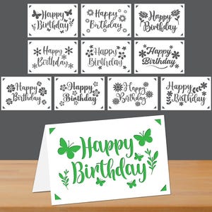 Może przedstawiać: Zbiór białych kartek urodzinowych z różnymi wzorami i napisem "Happy Birthday" w różnych czcionkach. Jedna karta jest otwarta, przedstawiając zielone motyle i tekst.