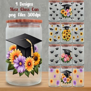 May include: Clear glass can with a wooden lid, featuring a graduation cap and floral designs. The image shows four different designs, including sunflowers and roses. The can holds 16oz of liquid.