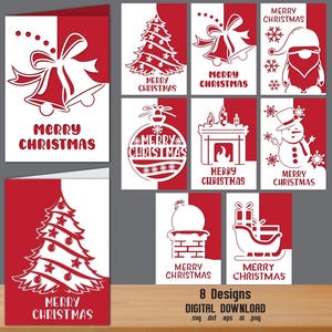 May include: Set of eight red and white Christmas card designs. Each card features a different holiday-themed illustration, including a bell, Christmas tree, snowman, and Santa. The words "Merry Christmas" are printed on each card.