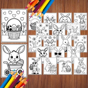 May include: A set of 18 black and white coloring pages featuring Easter bunnies, baskets, and eggs. The pages are printed on white paper and are ready to be colored.