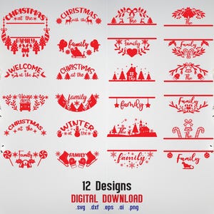 May include: Red Christmas-themed digital download designs. The image features 12 different designs with text such as "Christmas at the Family" and "Winter at the". The text "Digital Download" is also present.